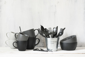 Set of black and grey tableware