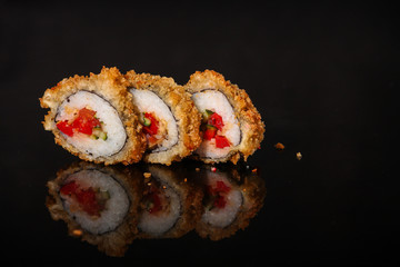 sushi rolls, traditional Japanese food (rice, nori and seafood) menu concept. food background. copy space. Top view