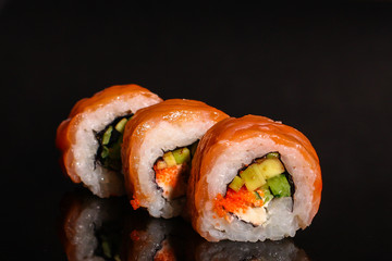 sushi rolls, traditional Japanese food (rice, nori and seafood) menu concept. food background. copy space. Top view