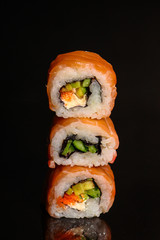 sushi rolls, traditional Japanese food (rice, nori and seafood) menu concept. food background. copy space. Top view
