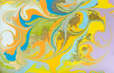 Fototapeta na wymiar Colorful pastel marble pattern with golden glitter. Abstract liquid background