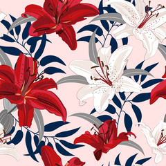 Lily flower seamless pattern on pink background, Red and White lily floral vector illustration