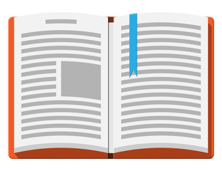 Open book with an upside down page and bookmark. Reading, education, e-book, literature, encyclopedia. Vector illustration in flat style