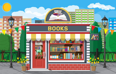 Bookstore shop exterior. Books shop brick building. Education or library market. Books in shop window on shelves. Street shop, mall, market facade. Nature outdoor cityscape. Flat vector illustration