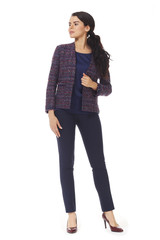 business woman executive posing in formal polka dot official blouse with bow trousers high heels stiletto shoes