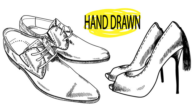 Footwear. Drawing by hand in vintage style. Fashion high-heeled shoes and men's shoes. A set of images.