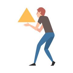 Young Man Organizing Abstract Triangular Geometric Shape Vector Illustration
