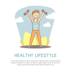 Healthy Lifestyle Banner with Space for Text, Active Young Man Exercising with Dumbbells, Landing Page, Website Template Cartoon Vector Illustration