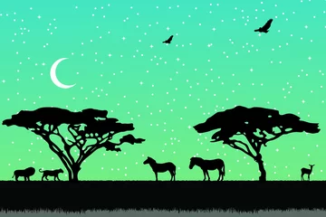 Printed roller blinds Green Coral Landscape of African savannah. Animals in wild nature. 