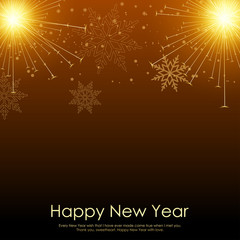 Christmas and New Year background with falling gold snowflakes and fireworks. Vector