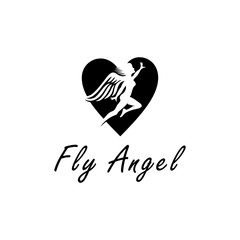 Illustration of a fairy flying with her wings through a heart sign logo