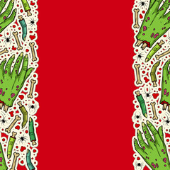 Vector horror text frame border with creepy hands, fingers, bones, spiders for scary design, print, cover, sticker, packing. Spooky illustration for horror festival, party invitation, Halloween design