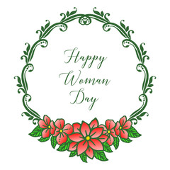 Card of happy woman day with realistic green leaf flower frame. Vector