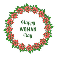 Card of happy woman day with realistic green leaf flower frame. Vector