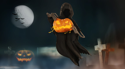 scary spooky halloween. Ripping a pumpkin background 3d-illustration
