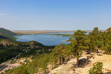 Fototapeta na wymiar Beautiful landscape on mountain lake Burabay, Borovoye, Kazakhstan