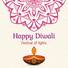 Greeting card for Diwali festival with diwali oil lamp and mandala.
