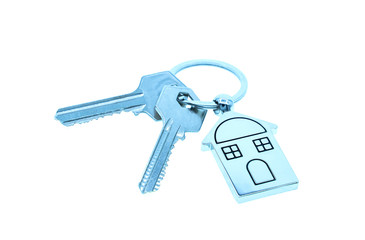 key chain with house symbol and keys on white background,Real estate concept
