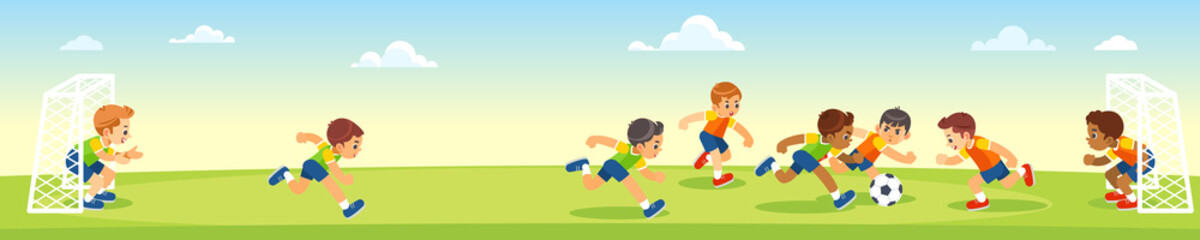 Boys kicking football on the sports field. Vector cartoon flat illumination