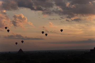 Dawn over the ancient Pagan city, Myanmar. The view from the top of Shwesandaw Temple.  View of Dhammayangyi Temple.