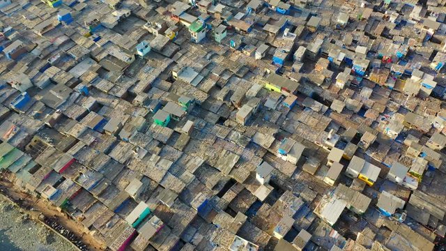 Aerial: Crowded shanties in slum - Mumbai, India
