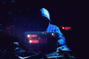hacker man terrorist with virus computer attack to server network system online in data technology internet security hacking concept - obrazy, fototapety, plakaty