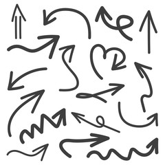 Set of hand drawn scribble arrows. Collection of abstract arrows in doddles style. Design element. Vector. Isolated on white background.