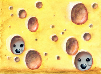 Fototapeta premium Cartoon animals rat, mouse hiding with a piece of cheese. The symbol of the Chinese New Year and Christmas 2020. Hand drawn watercolor painting for design background, banner, template, greetings.