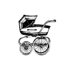 Naklejka na ściany i meble Baby carriage vector illustration on white background. Sketch drawing of pram.
