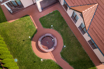 Aerial view of a residential new house yard.