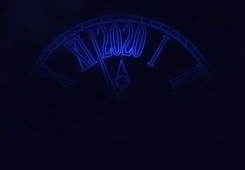 2020 New Year card blue neon futuristic clock  abstract background