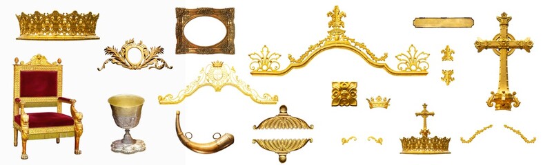 Royal gold antiques collection isolated on white background