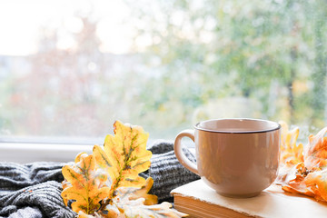 Naklejka na ściany i meble cup of tea on window with cloth and autumn leaves on a natural background