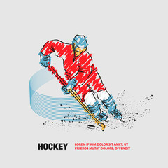 Hockey player in dynamic gliding on ice with a hockey stick and puck. Vector outline of hockey player with scribble doodles.