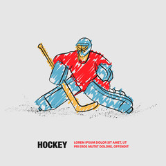 Obraz premium Hockey goalie positioning. Vector outline of hockey player with scribble doodles.