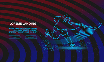 Hockey player shoots the puck with a hockey stick. Vector Sport Background for Landing Page Template.