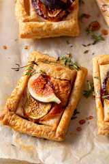 fig puff pastry tart. close up