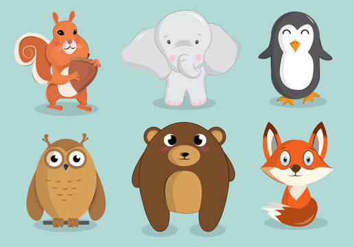 Cute Animals Set,  Squirrel, Elephant,  Penguin, Owl,  Bear, Fox Vector Illustration