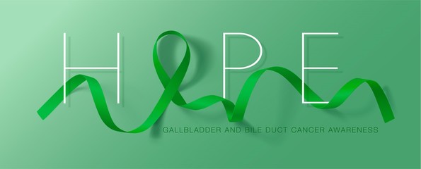 Gallbladder and Bile Duct Cancer Awareness Calligraphy Poster Design. Hope. Realistic Kelly Green Ribbon. February is Gallbladder and Bile Duct Cancer Awareness Month. Vector. Illustration