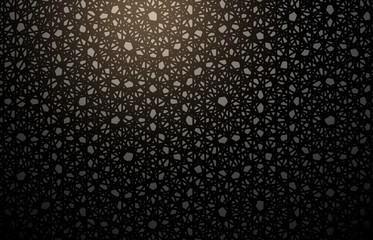 Dim light on black lace round pattern. Luxury guipure material dark background texture.