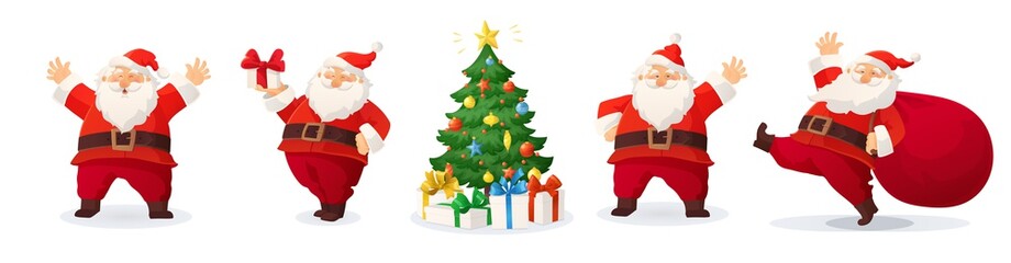 Cartoon vector illustration of Santa Claus and decorated Christmas tree with presents isolated on white