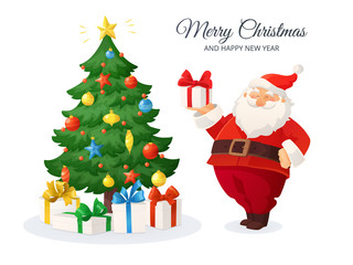Merry Christmas card. Cartoon vector illustration of Santa Claus with a present. Decorated Christmas tree.