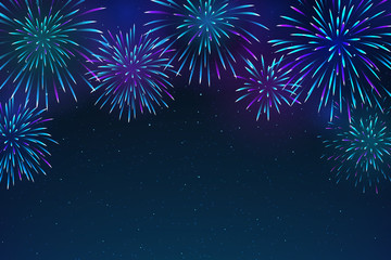 Fototapeta na wymiar Colorful fireworks on a dark blue background. Bright fireworks in the night sky with stars. Beautiful festive sky for bright design. Vector illustration