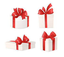 Cartoon gift boxes with red bows isolated on white background, vector illustration.