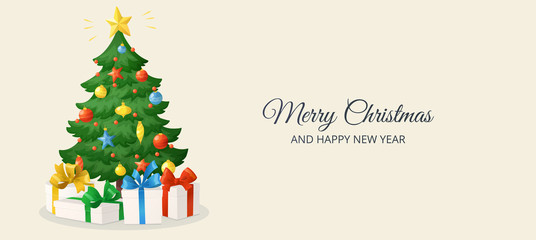 Naklejka na ściany i meble Merry Christmas card. Cartoon Christmas tree with presents on retro background. Decorations with stars.