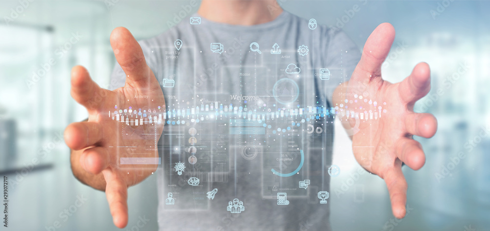 Wall mural businessman holding user interface screens with icon, stats and data 3d rendering