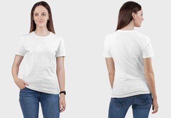 Front back view of female model wearing white crew neck plain t shirt - Powered by Adobe