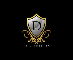 Classy Shield Letter D Gold Letter Logo Icon.