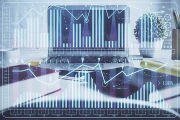 Forex Chart hologram on table with computer background. Double exposure. Concept of financial markets.