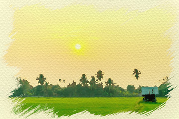 Cottage in the paddy and sunset. Digital watercolor painting effect.